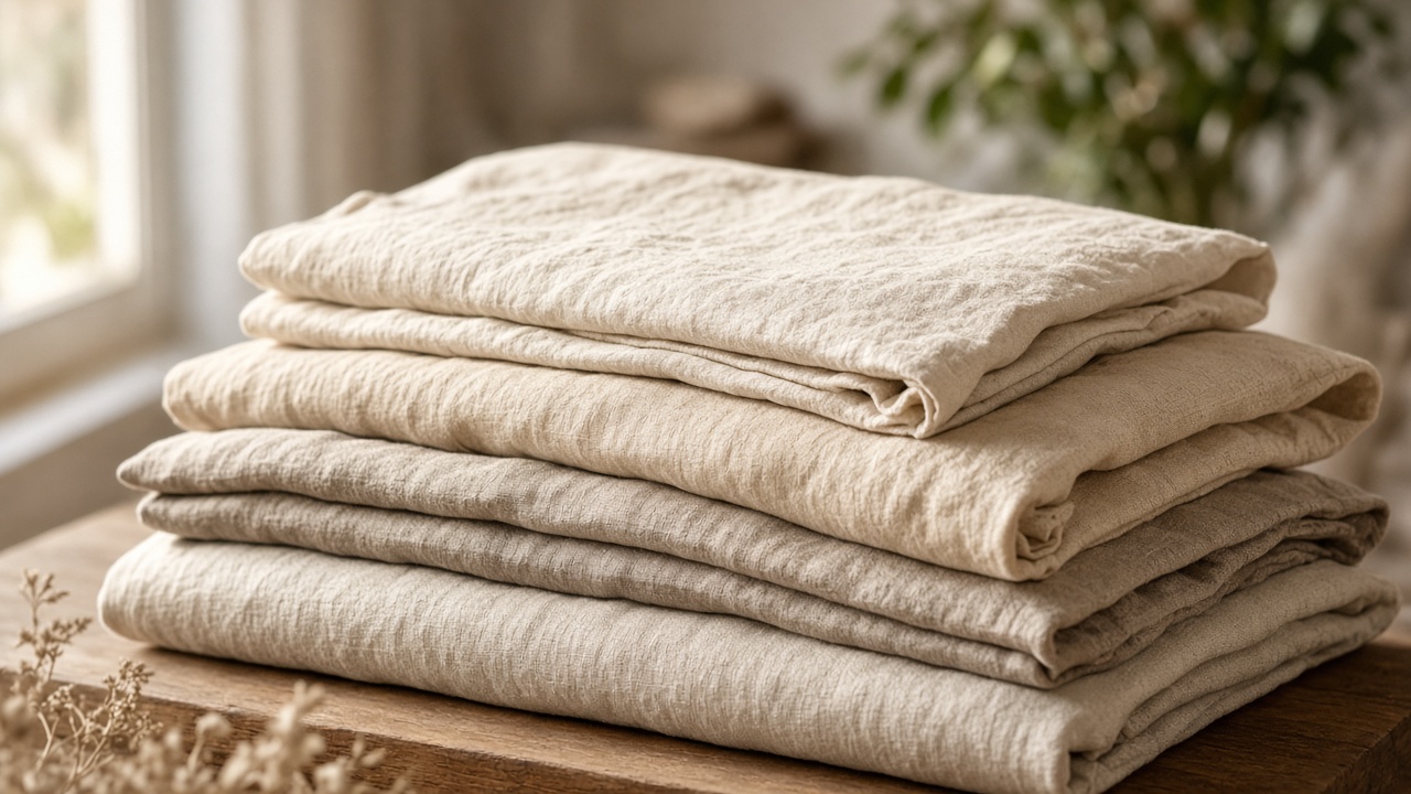 Stacked natural linen bedding in warm beige and ivory